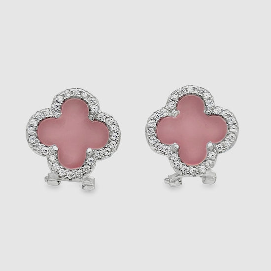 A965 Pink Flower Clover Lever Back Earrings