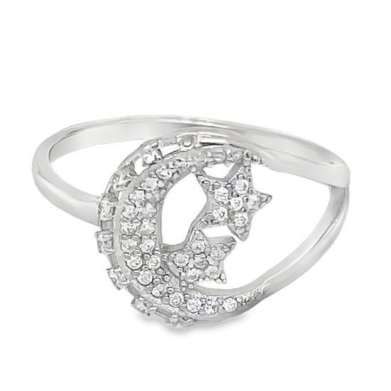 R154 Moon and Two Stars Ring