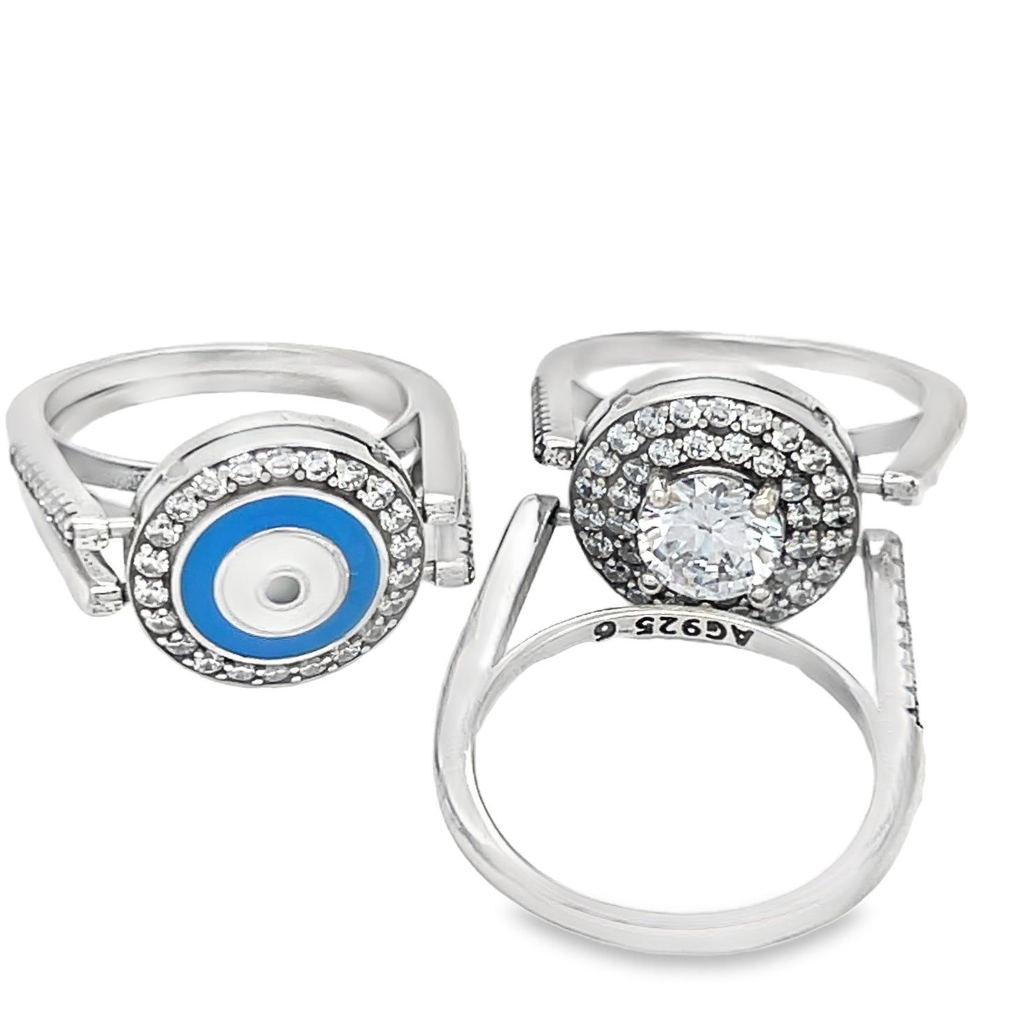 R678 Two Sides design Reversible CZ Stones or Blue Eye Ring