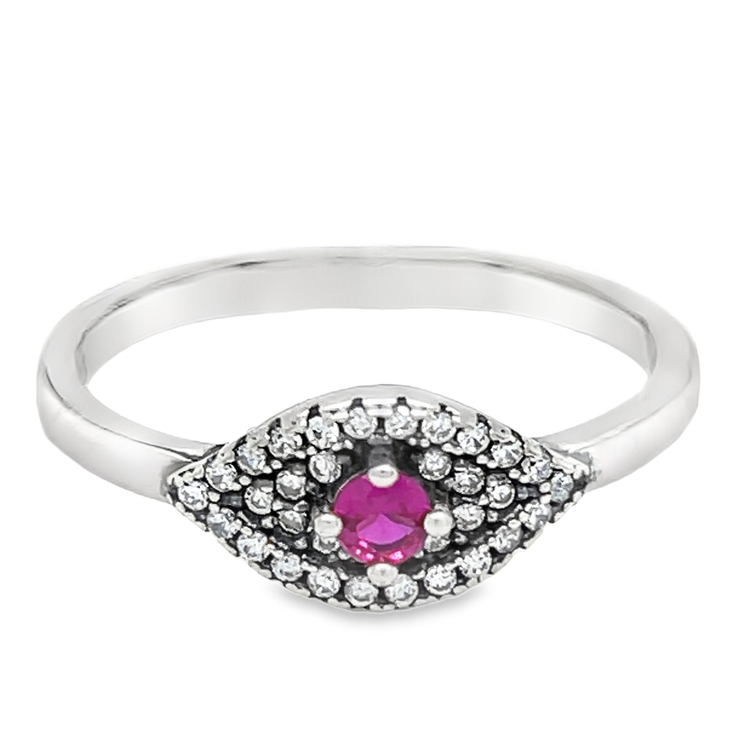 Anillo con piedra fucsia y circonita cúbica repelente del mal de ojo R225