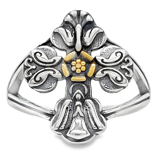 R871 Anillo Cruz con Ángel Mariposa y Paloma