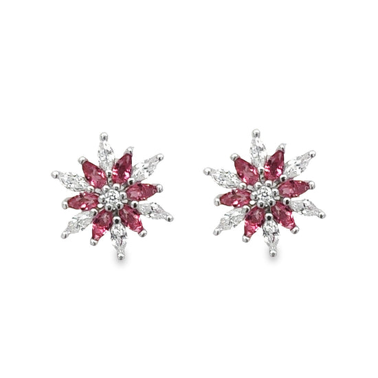 Pendientes con poste de circonitas y diamantes con flor roja A700