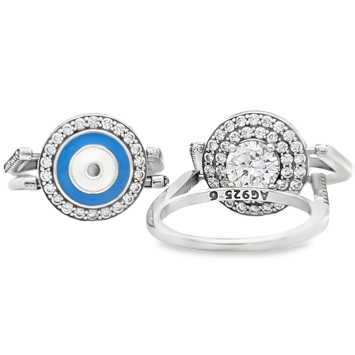 R678 Two Sides design Reversible CZ Stones or Blue Eye Ring