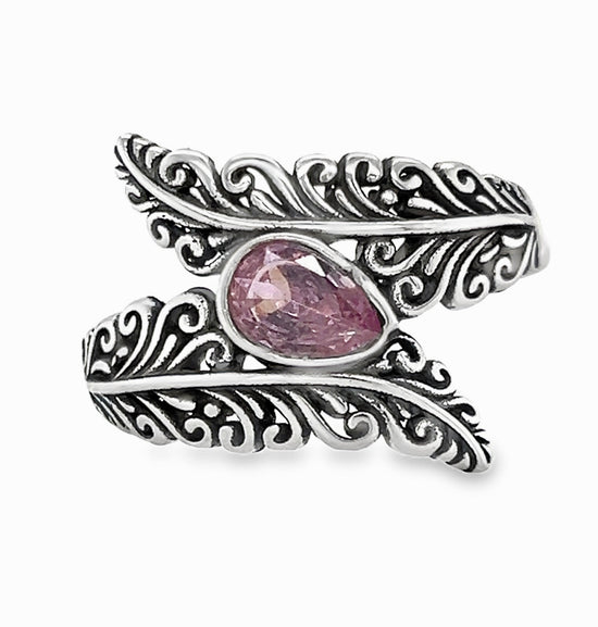 R988 Elegant Feather Pink Stone Ring