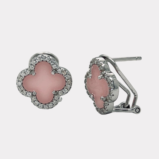 A965 Pink Flower Clover Lever Back Earrings