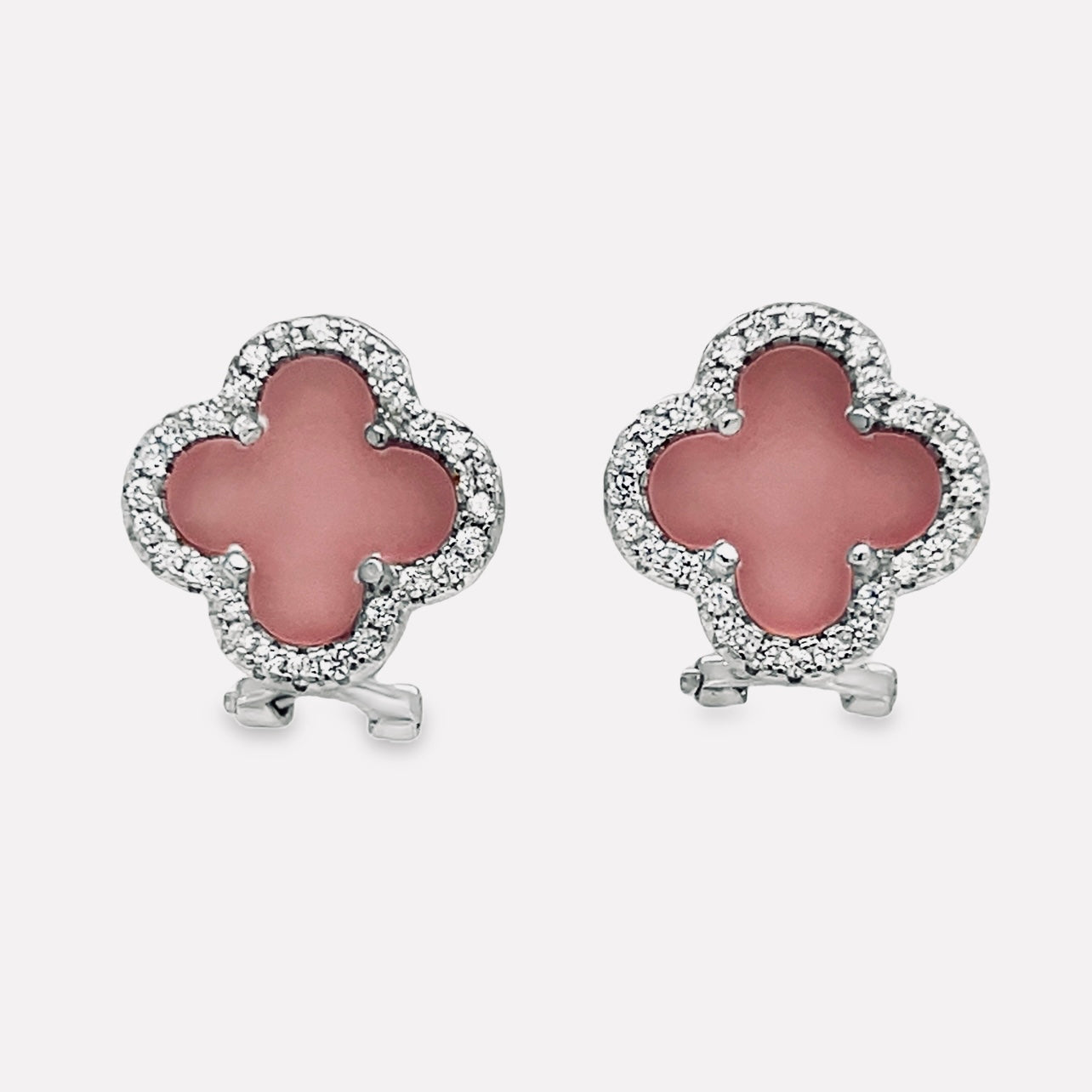 A965 Pink Flower Clover Lever Back Earrings