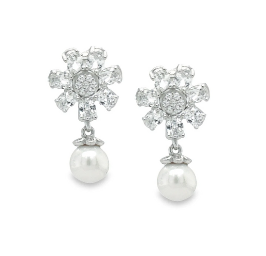 P487 CZ Flower with Pearl Earring