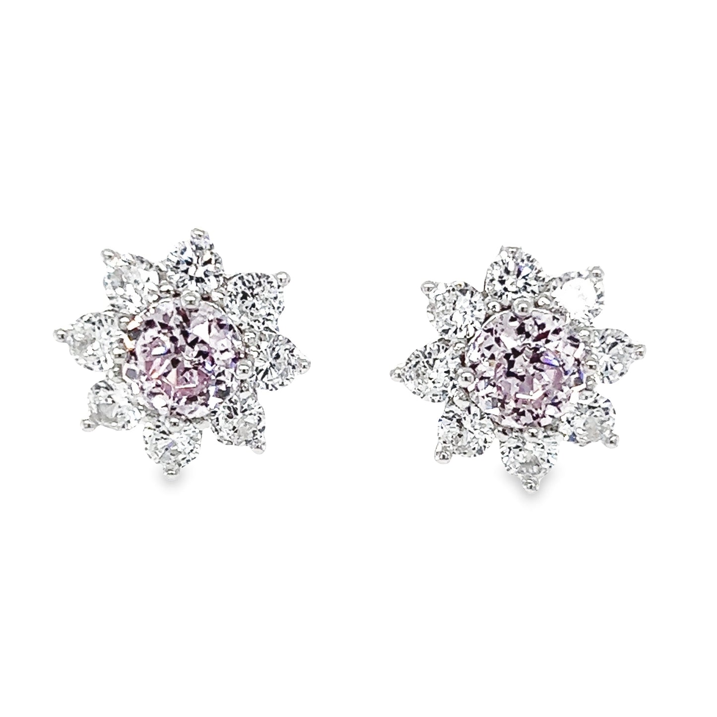 A766 Pink Stone with CZ Flower Post Earrings