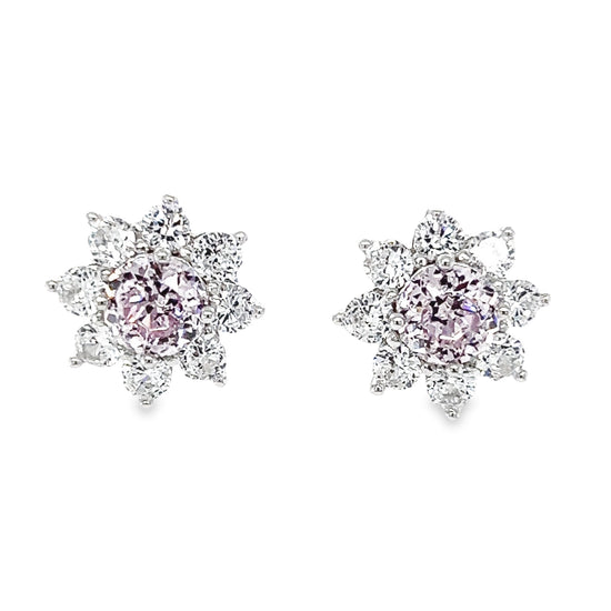 A766 Pink Stone with CZ Flower Post Earrings