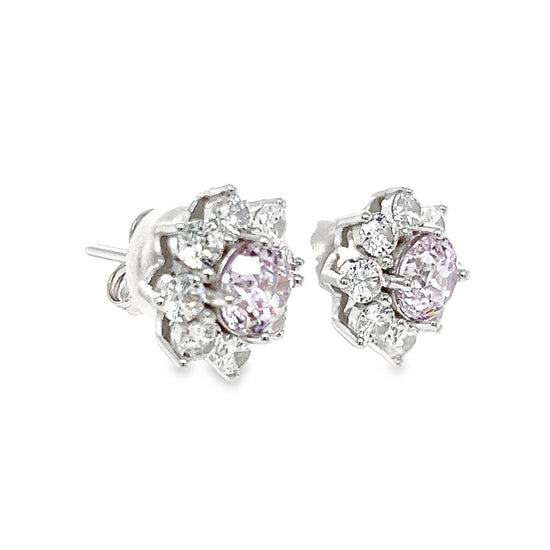 A766 Pink Stone with CZ Flower Post Earrings