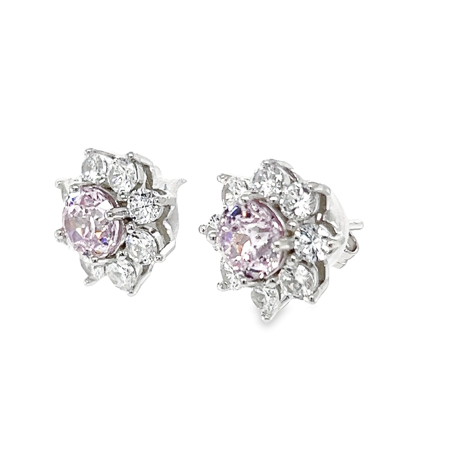 A766 Pink Stone with CZ Flower Post Earrings