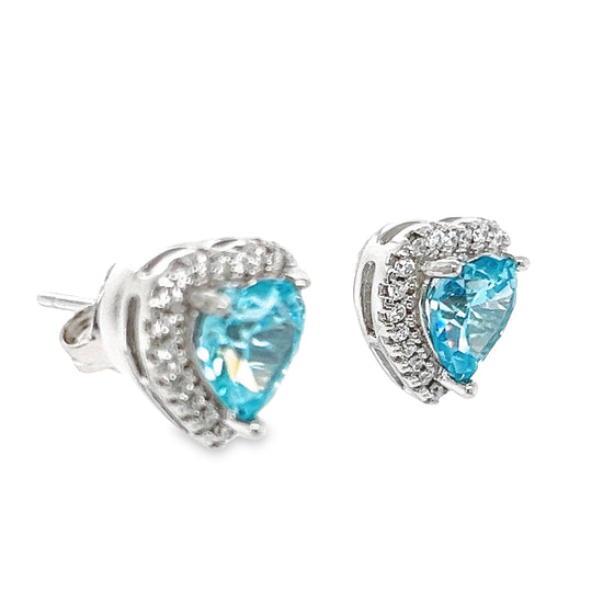 A770 Blue Stone with CZ Heart Post Earrings