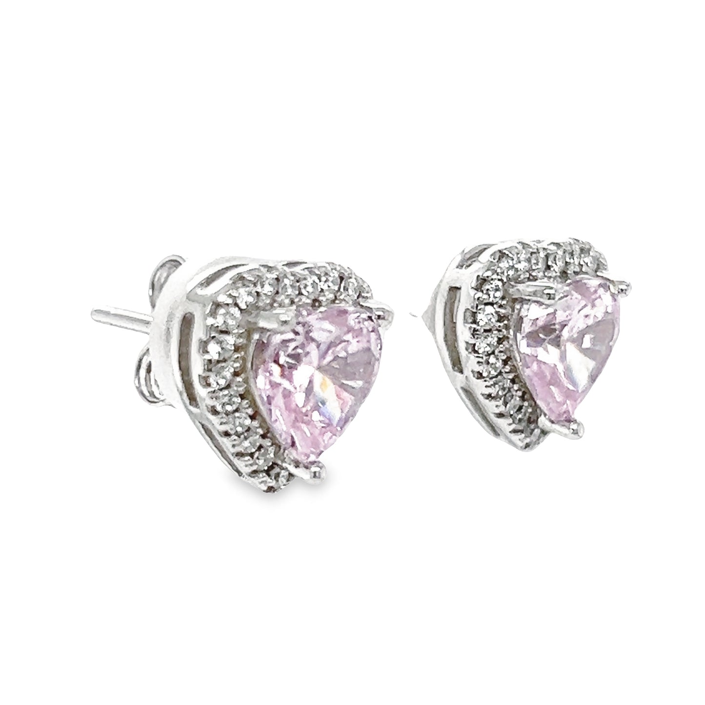 A771 Pink Stone with CZ Heart Post Earrings