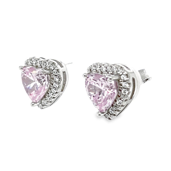 A771 Pink Stone with CZ Heart Post Earrings