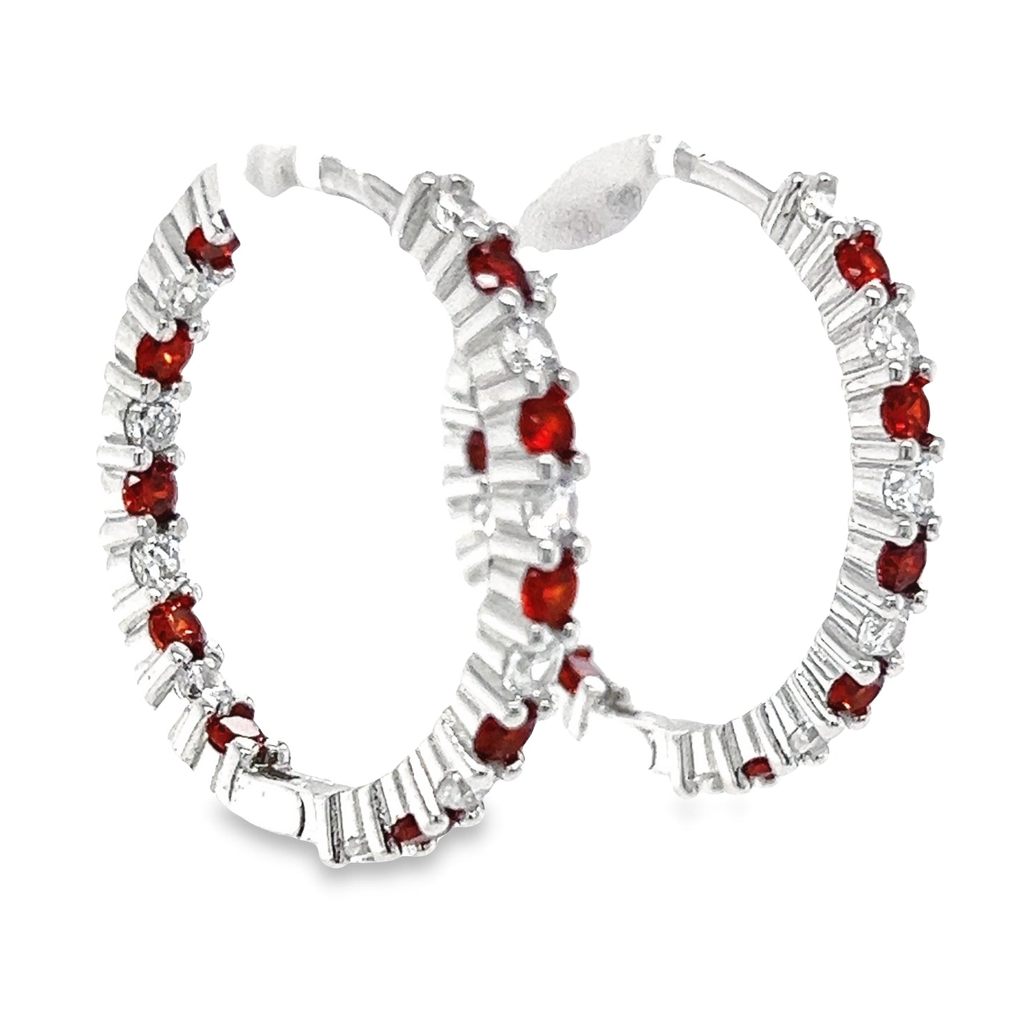 P489 Pendientes aros piedra roja con circonitas