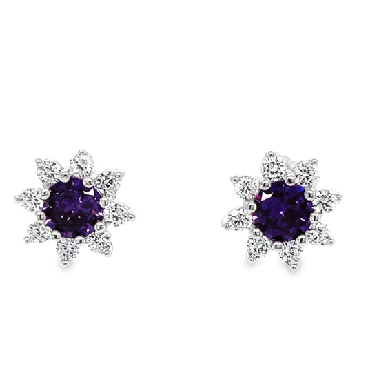 A789 Purple Stone CZ Flower Post Earrings