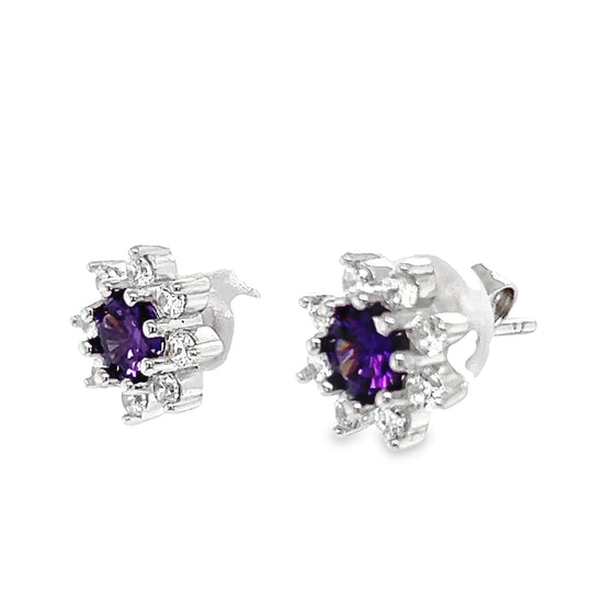 A789 Purple Stone CZ Flower Post Earrings