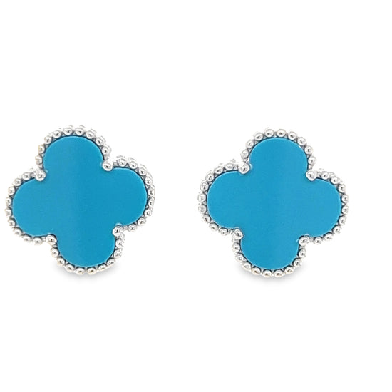 P504 Blue Flower Clover Post Earrings