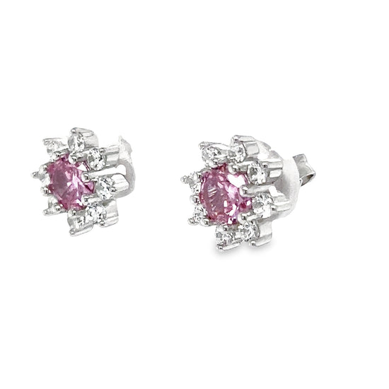 A769 Pink Stone CZ Flower Post Earrings