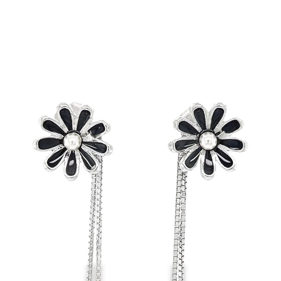 P513 Black Flower with long box dangle with Pearls Earrings