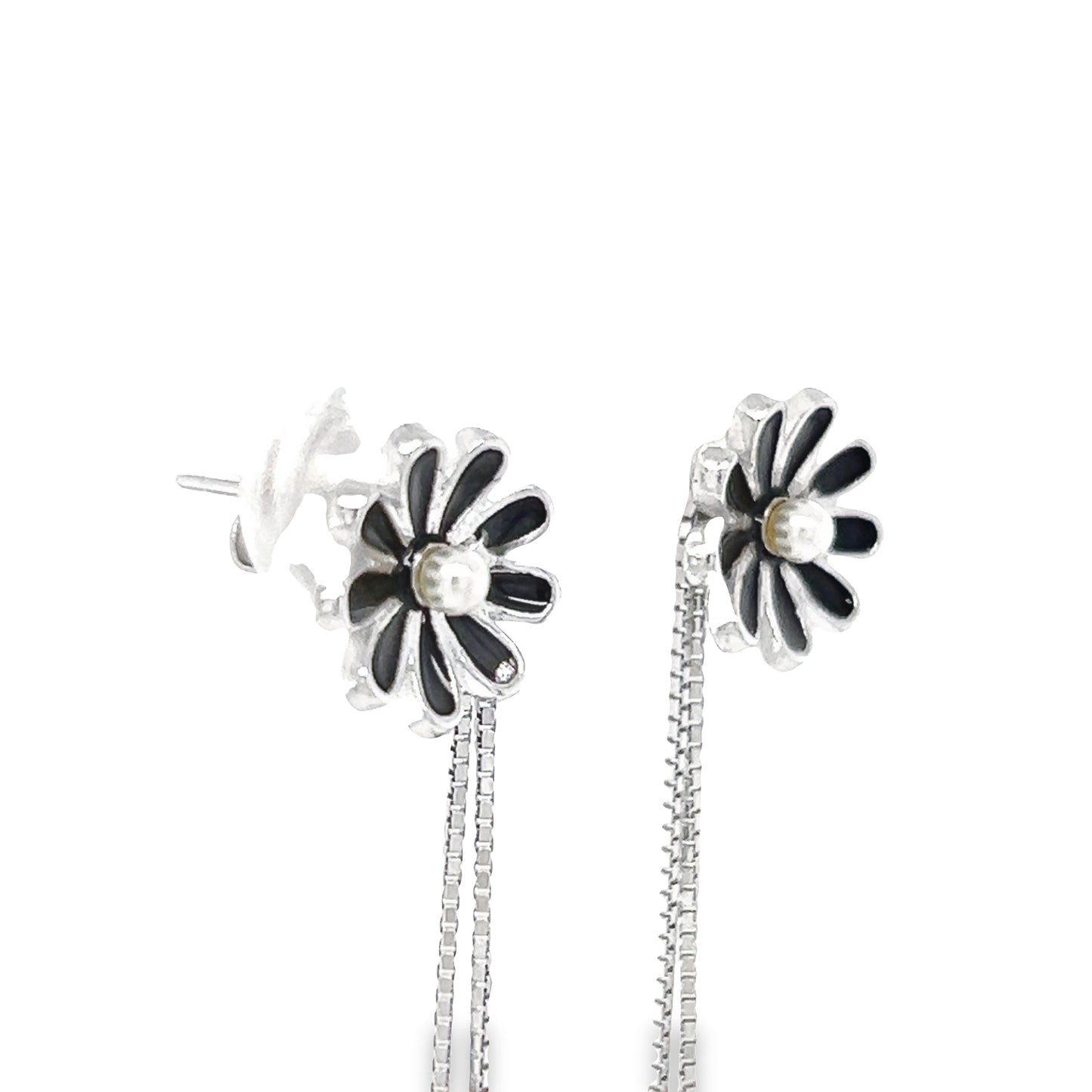 P513 Black Flower with long box dangle with Pearls Earrings