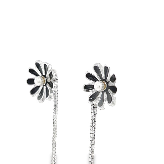 P513 Black Flower with long box dangle with Pearls Earrings