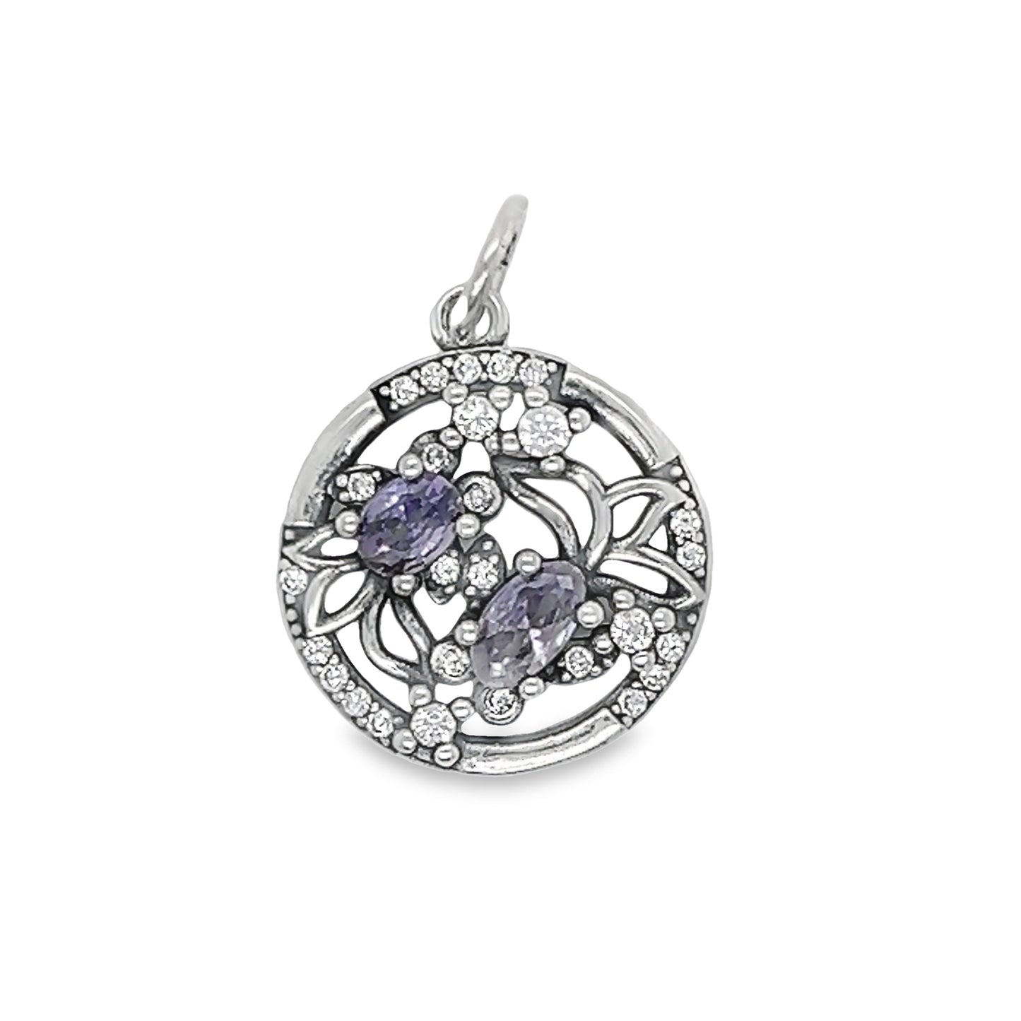 D238 Flowers in Circle CZ Pave Purple Pendant