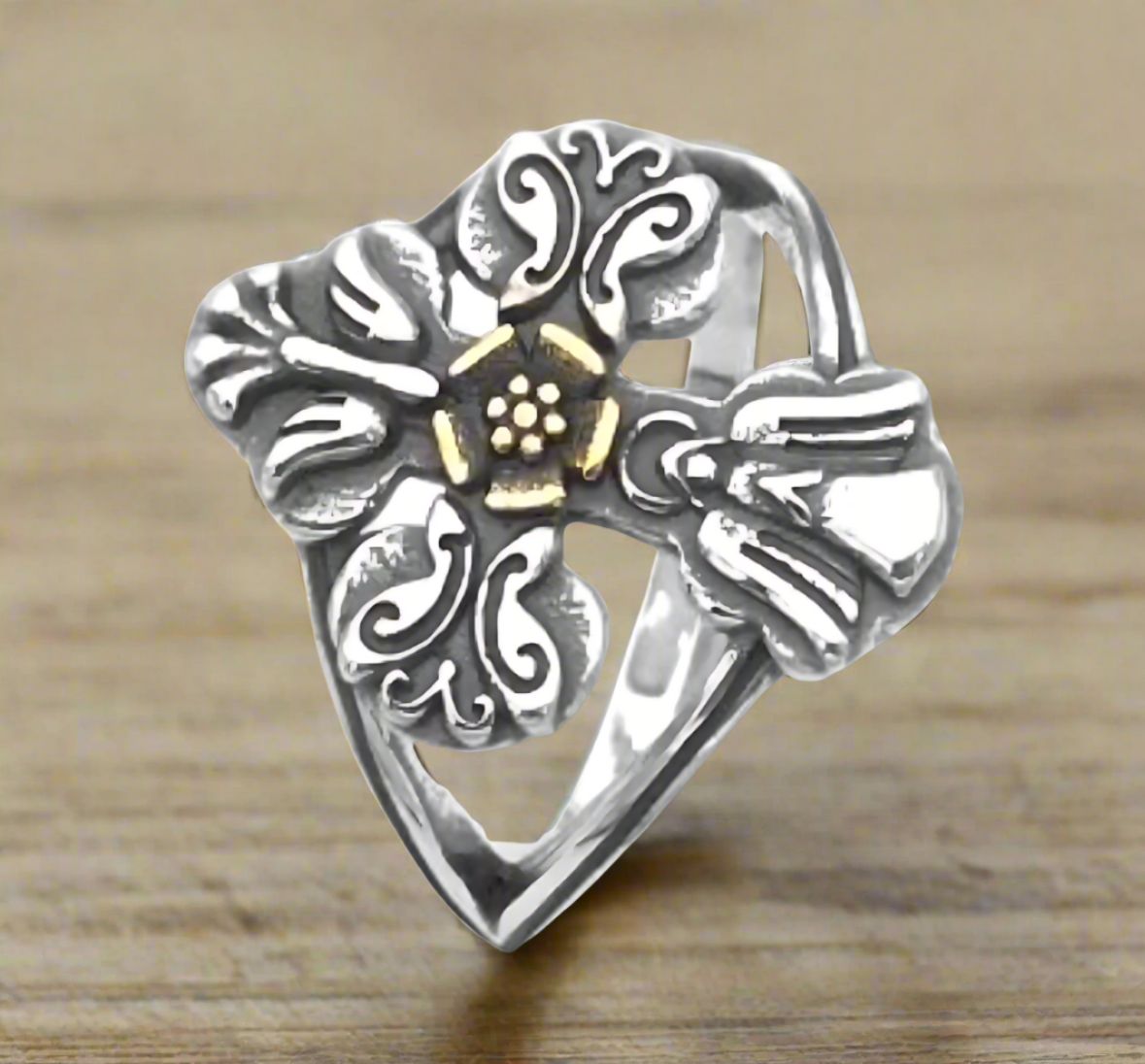 R871 Cross with Angel  Butterfly And Dove Ring