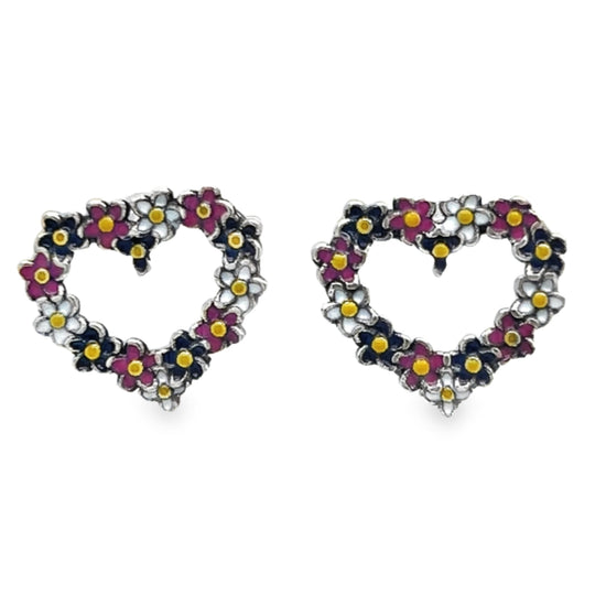 A840 2 Heart With Pink, Purple, White  Flowers Post Earrings