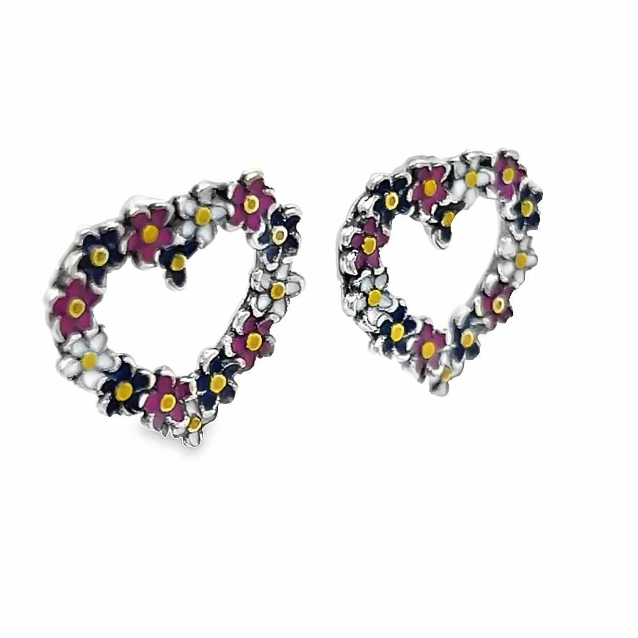 A840 Pendientes de 2 corazones con flores rosas, moradas y blancas