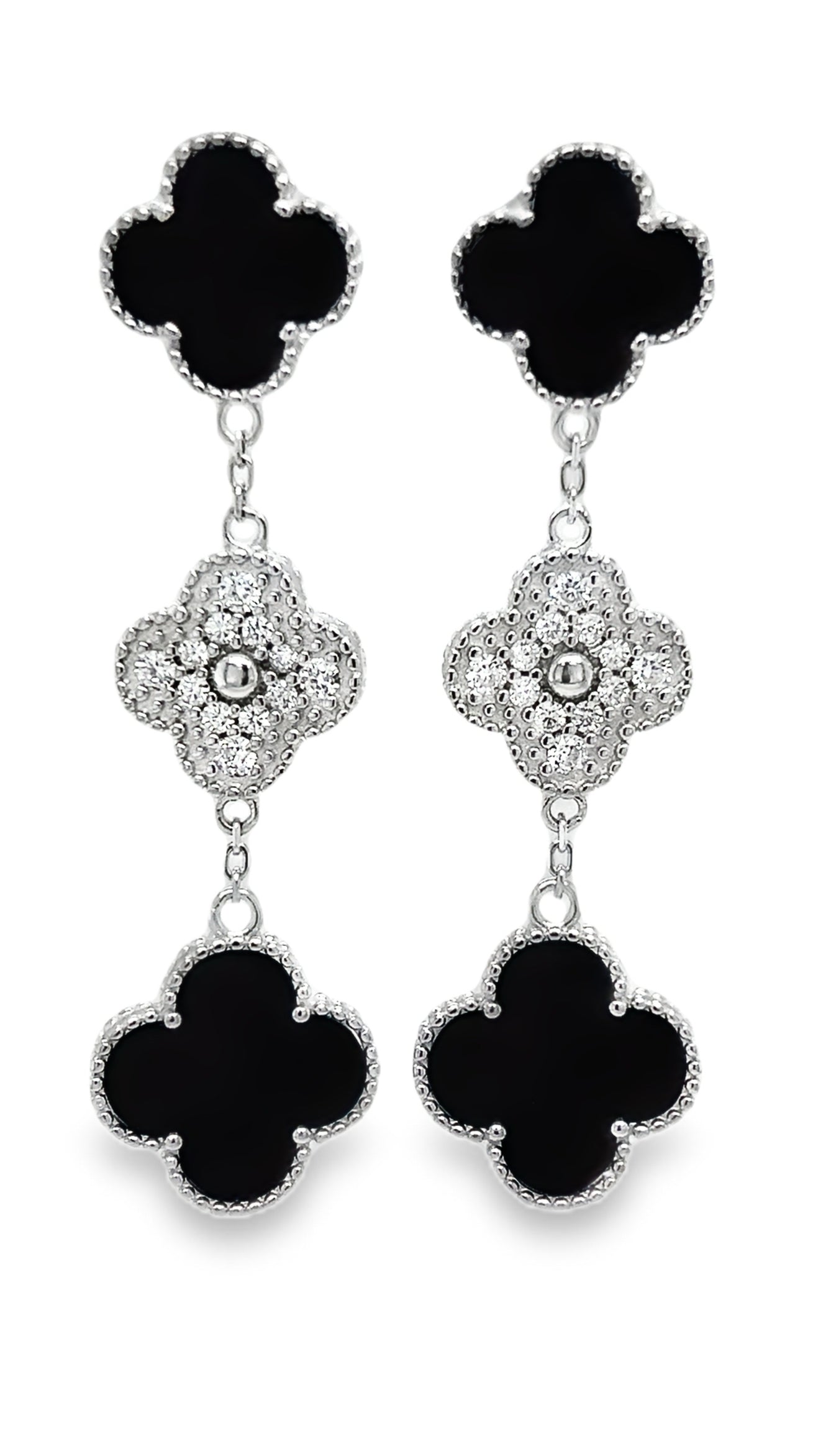 P532 Black Flower Clover Long Earring