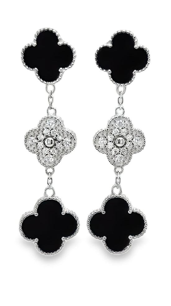 P532 Black Flower Clover Long Earring