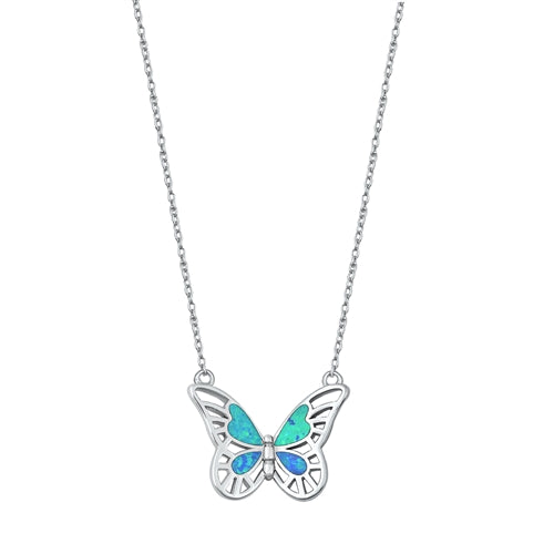 CA462 Blue Opal Butterfly Necklace