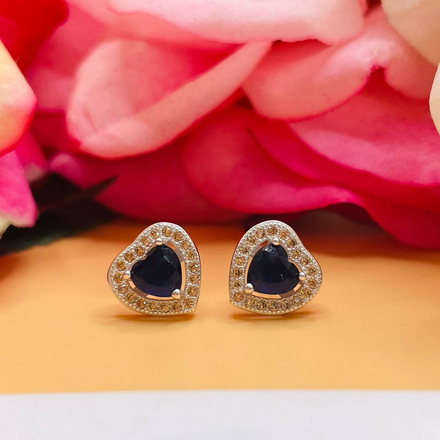 A721 Dark Blue Heart CZ Post Earrings