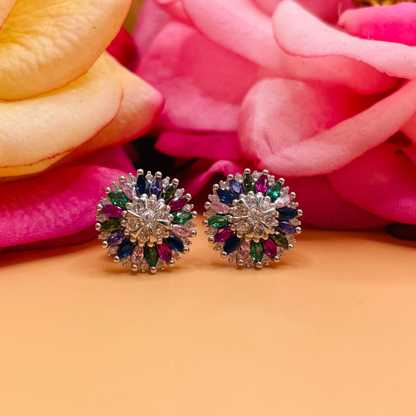 A704 Multicolor Round Diamond Accent Post Earrings