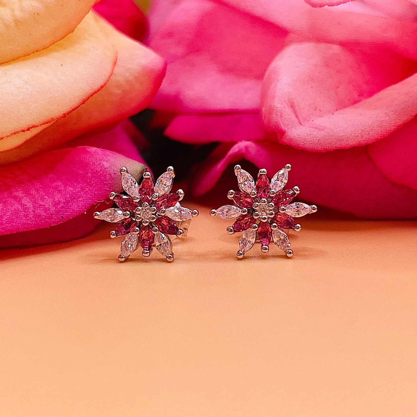 A700 Red Flower Diamond Cz Post Earrings