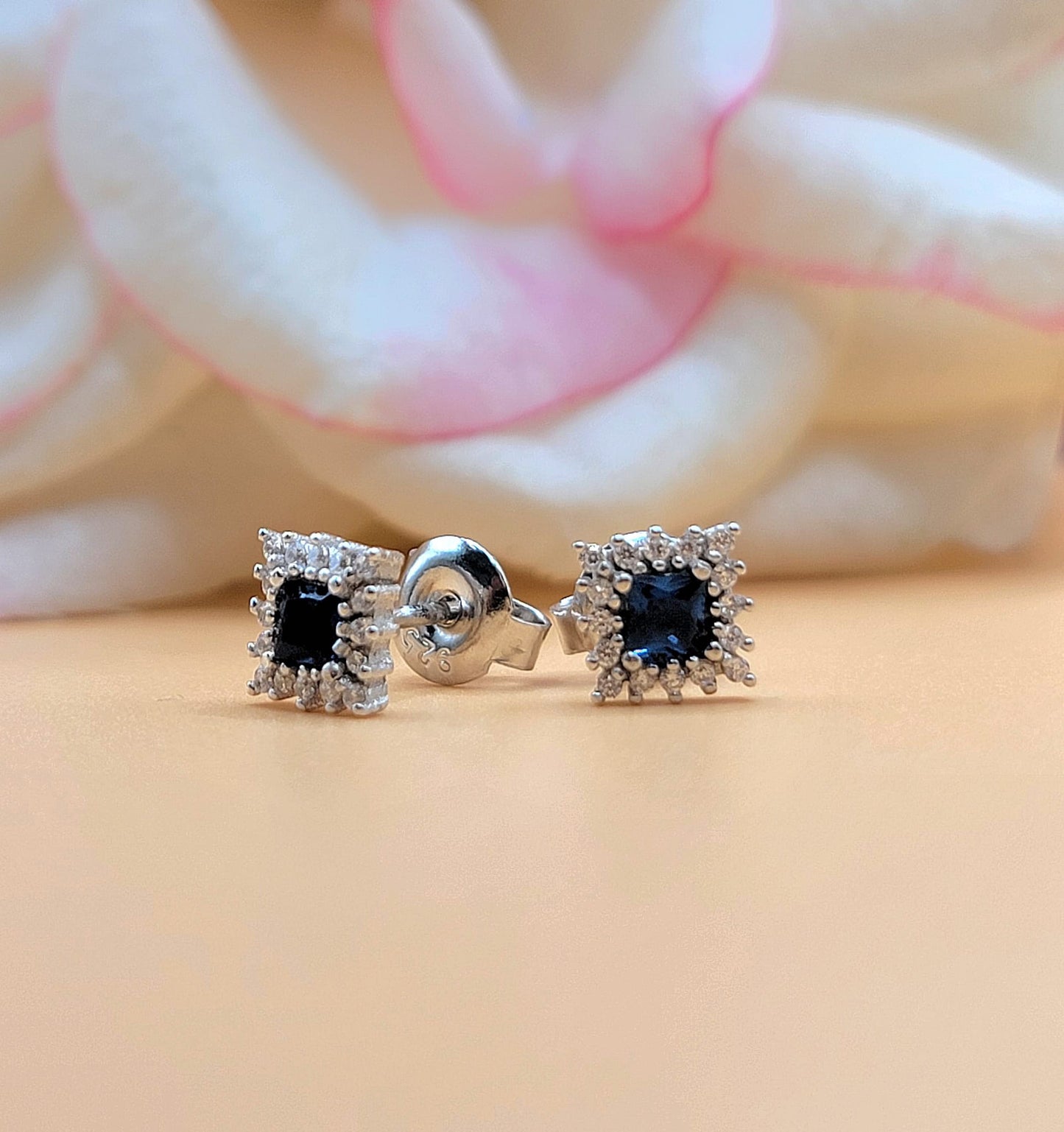 A655 Square Blue Cz Post Earrings