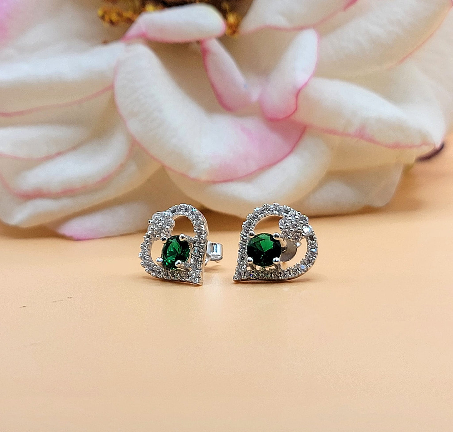 A638 Green Heart Diamond Accent Post Earrings