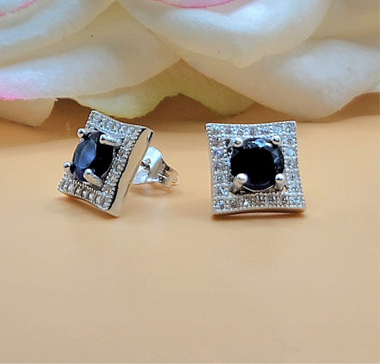 A669 Square Blue Diamond Cz Post Earrings