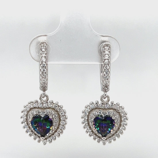 Load and play video in Gallery viewer, P499 Alexandrite stone with Heart CZ Hoops Earrings
