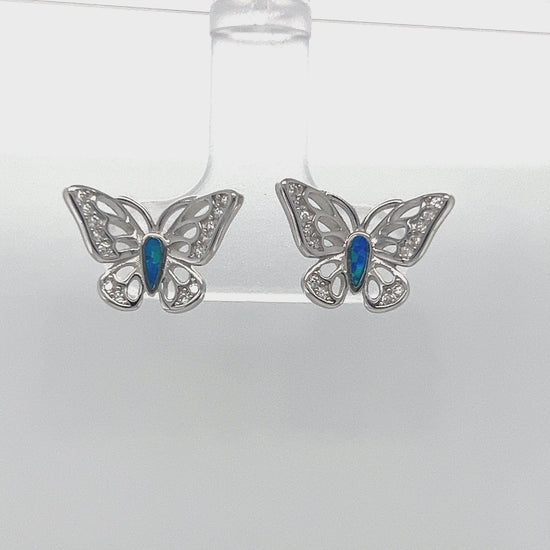 Cargar y reproducir el video en el visor de la galería, A807 Pendientes de Mariposa con Poste de Piedra de Ópalo Azul
