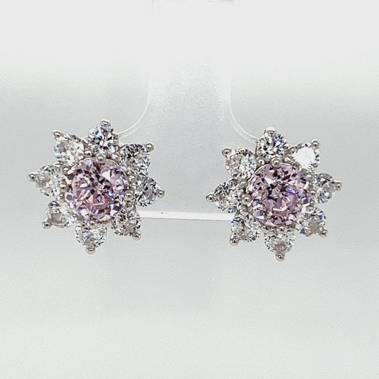 Load and play video in Gallery viewer, A766 Pink Stone with CZ Flower Post Earrings
