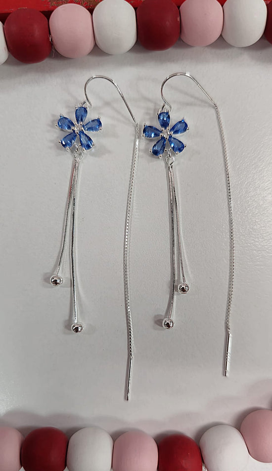 P291 Blue Flower Drop Pendant Hook Earrings