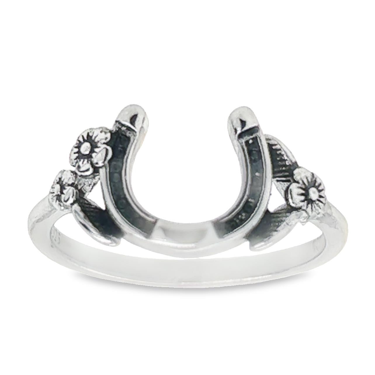 R215 Black Horseshoe with Flower Ring